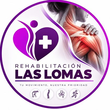 Logo de Rehabilitación Las Lomas: corazón con cruz, figura en movimiento y músculos del hombro. Lema: Tu movimiento, nuestra prioridad.
